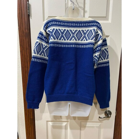 Vintage 70s Block Heater Fair Isle Wool Sweater Women’s Small Blue & Cream Geome - Picture 9 of 9